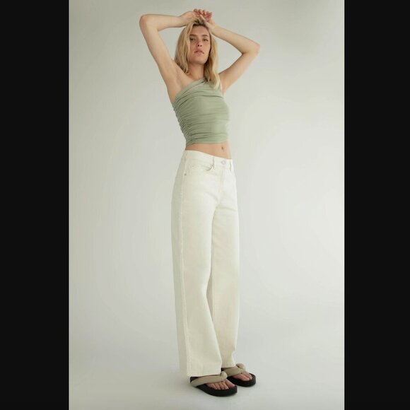 Oak + Fort Cream Straight Leg Twill Pant with Frayed Sides 4 - Picture 1 of 11
